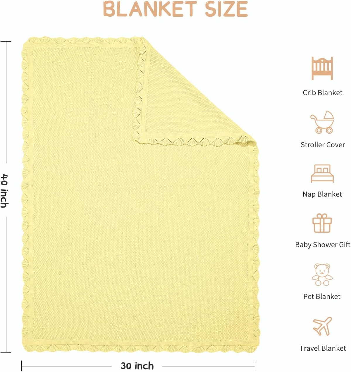 100% Cotton Baby Blanket Knit Soft Warm Lace Toddler Newborn Nursery Blanket, 30 x 40 Inches, Lemon