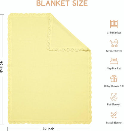 100% Cotton Baby Blanket Knit Soft Warm Lace Toddler Newborn Nursery Blanket, 30 x 40 Inches, Lemon