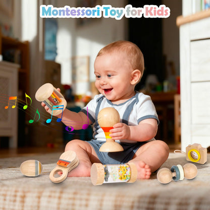Montessori Wooden Baby Toys 0-12 Months, 7-Piece Sensory Rattle & Music Set