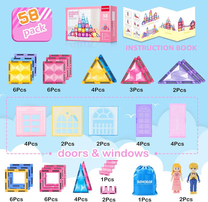 Pink Castle Magnetic Tiles for Kids Ages 3-8, 3D STEM Toys with Sparkling Building Blocks, Creative