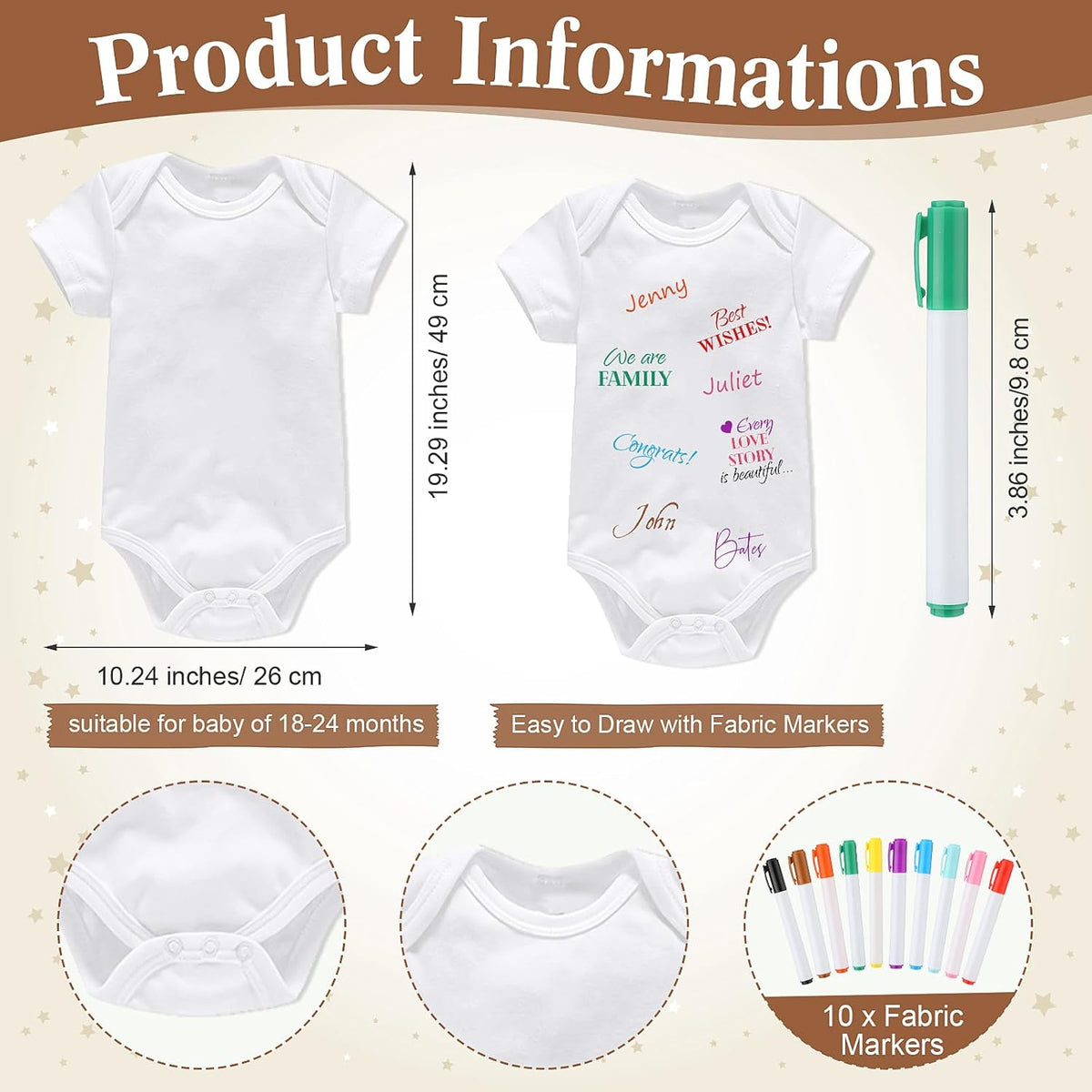 Qunclay 12 Pcs Baby Bodysuit Baby Shower Game Include 1 Game Wooden Sign Tabletop Decor 1 White