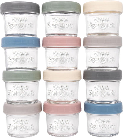 WeeSprout Glass Baby Food Storage Jars w/Lids (4 oz, 12 Pack Set) Snack, Puree, Reusable Small