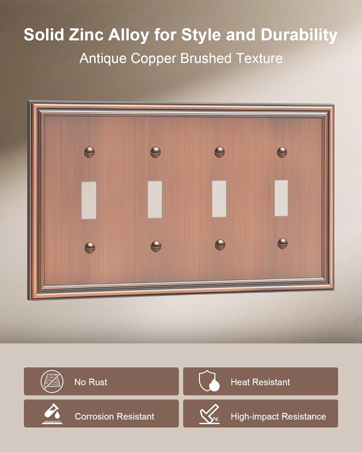 2-Pack Quad Toggle Light Switch Cover Plate, Durable Zinc Alloy Decorative Switch Plate Covers