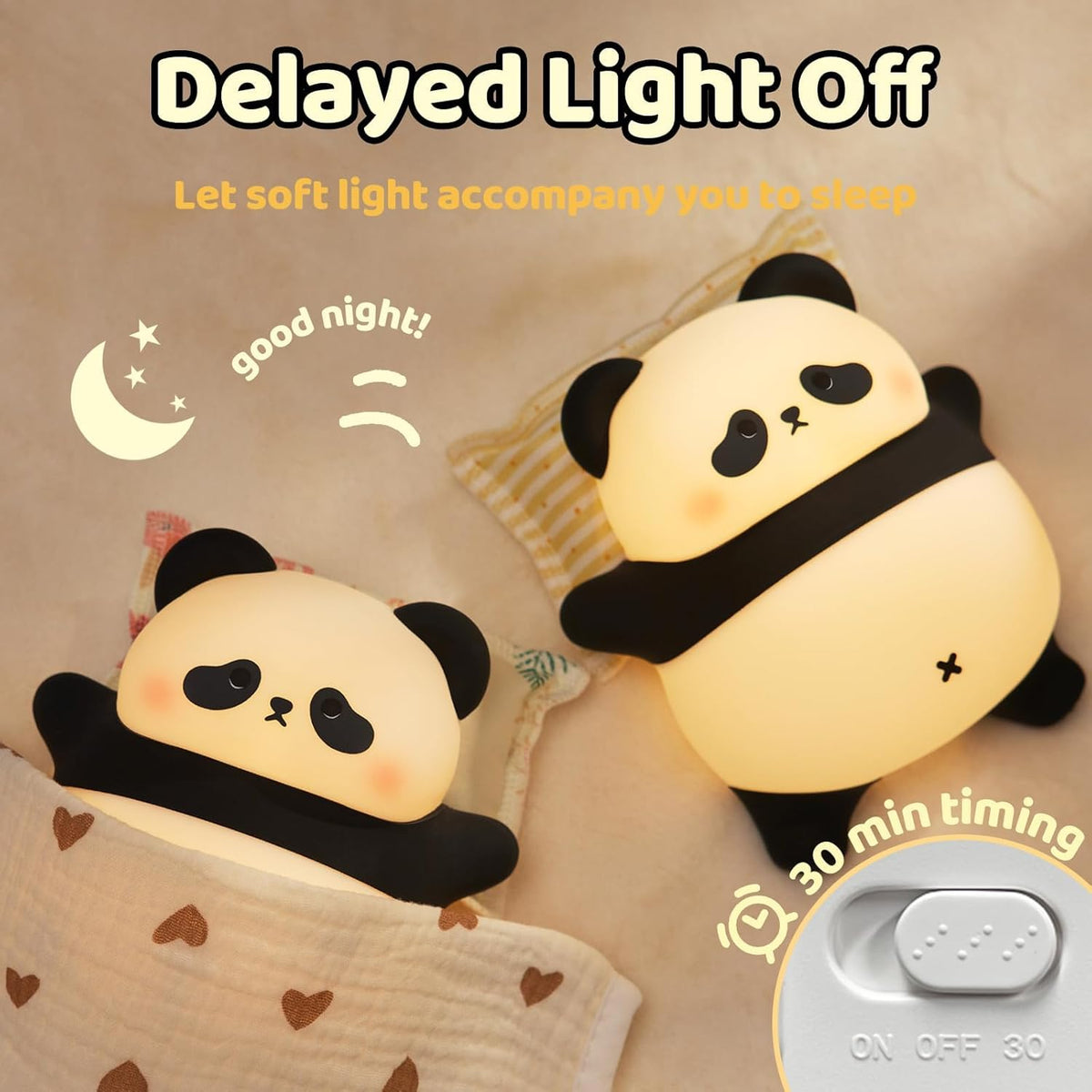 Rechargeable Cute Panda Night Light, 3 Level Dimmable Nursery Nightlight with Timer, Silicone Light