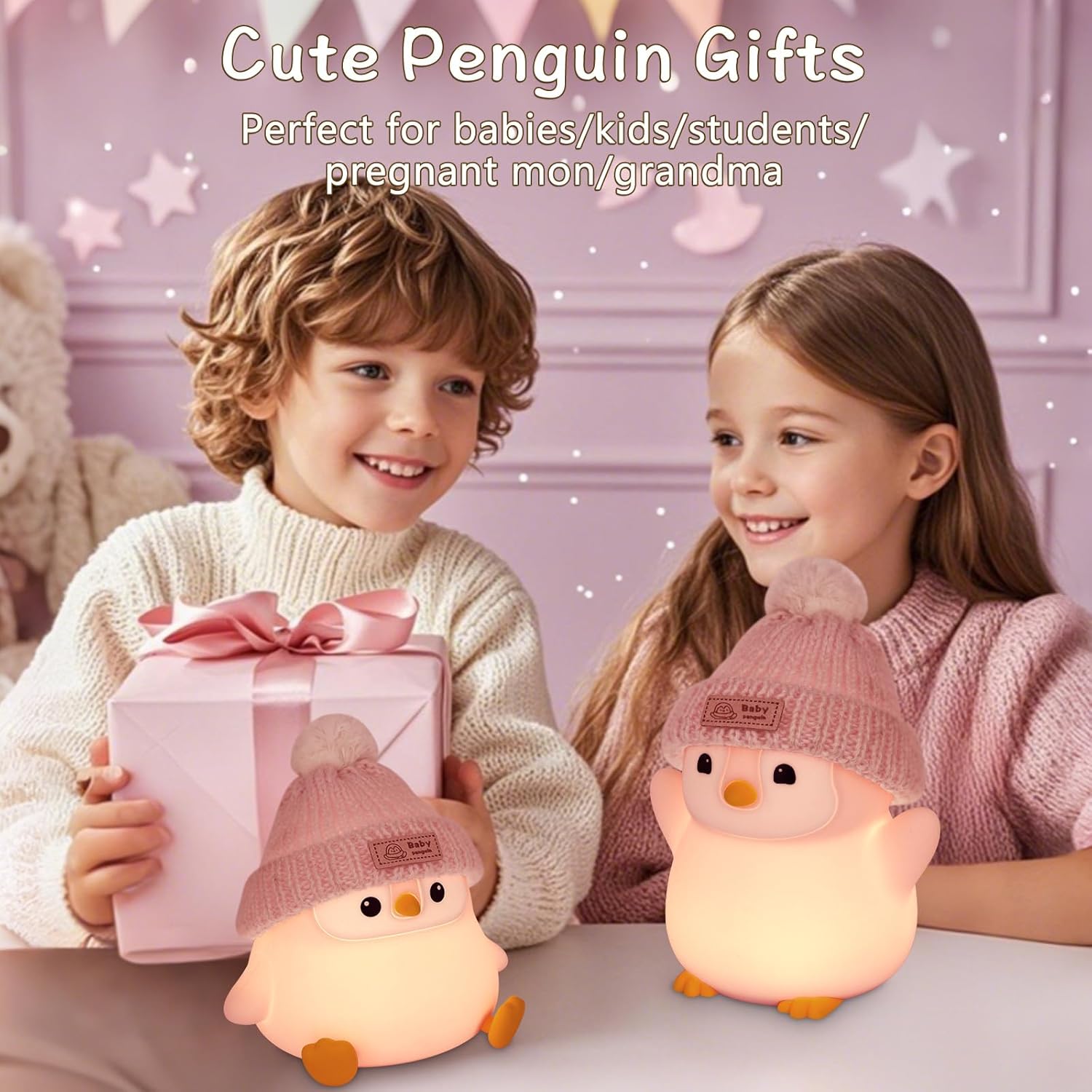 Penguin Night Light, Cute Pink Penguin Lamp with Knit Hat, Soft Silicone Nursery Nightlight for