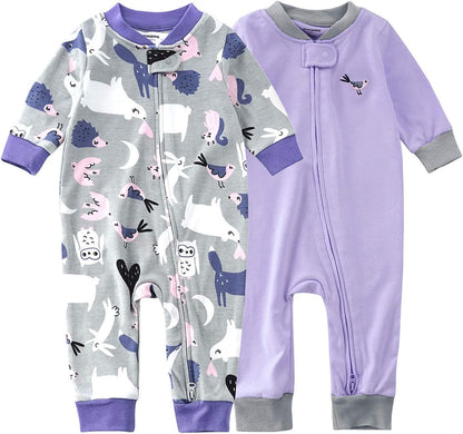 Teach Leanbh Baby 2-Pack Footless Pajamas Cotton Long Sleeve Printing 2 Way Zipper Romper Jumpsuit