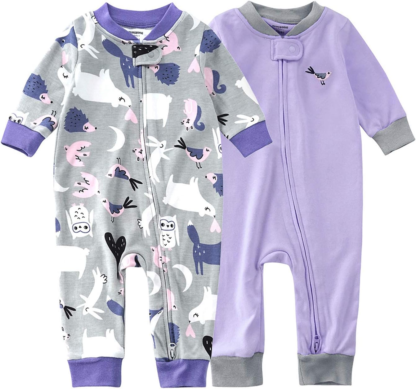 Teach Leanbh Baby 2-Pack Footless Pajamas Cotton Long Sleeve Printing 2 Way Zipper Romper Jumpsuit