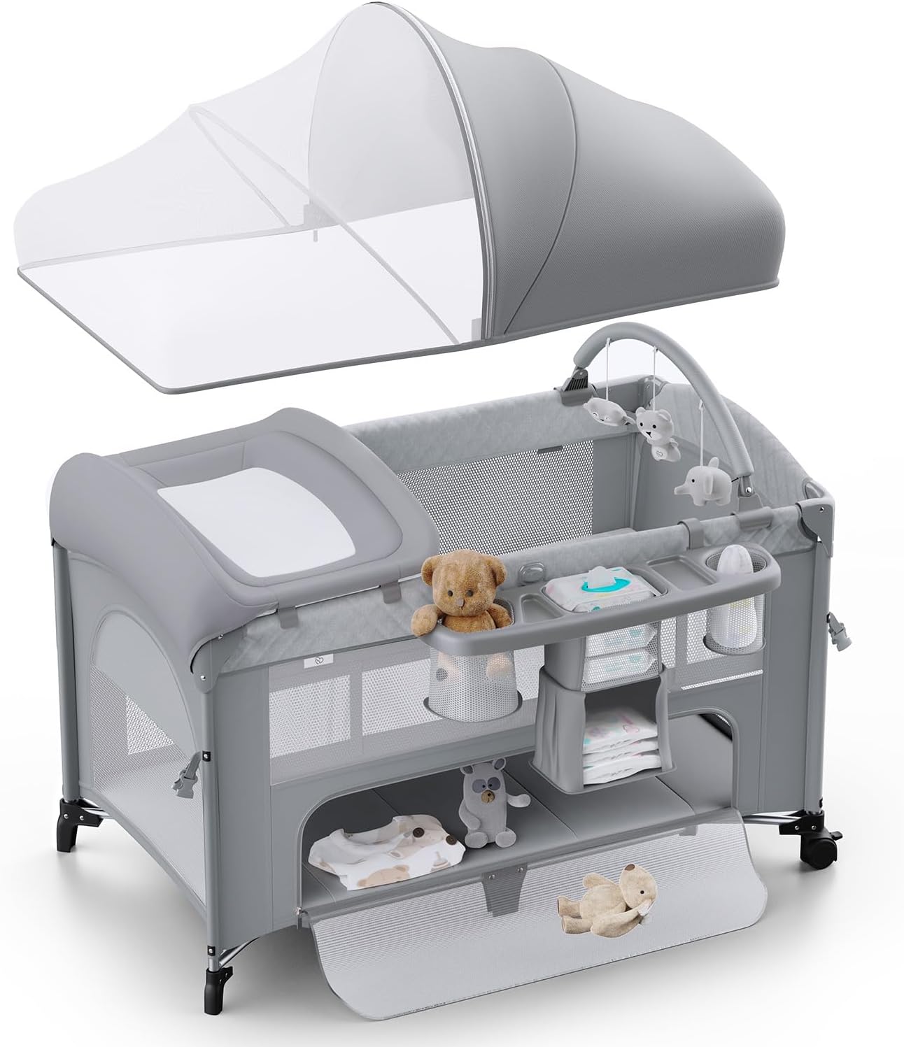 4 in 1 Baby Bassinet, Pack and Play, Bedside Crib Sleeper, Diaper Changer - Comes with Mattress