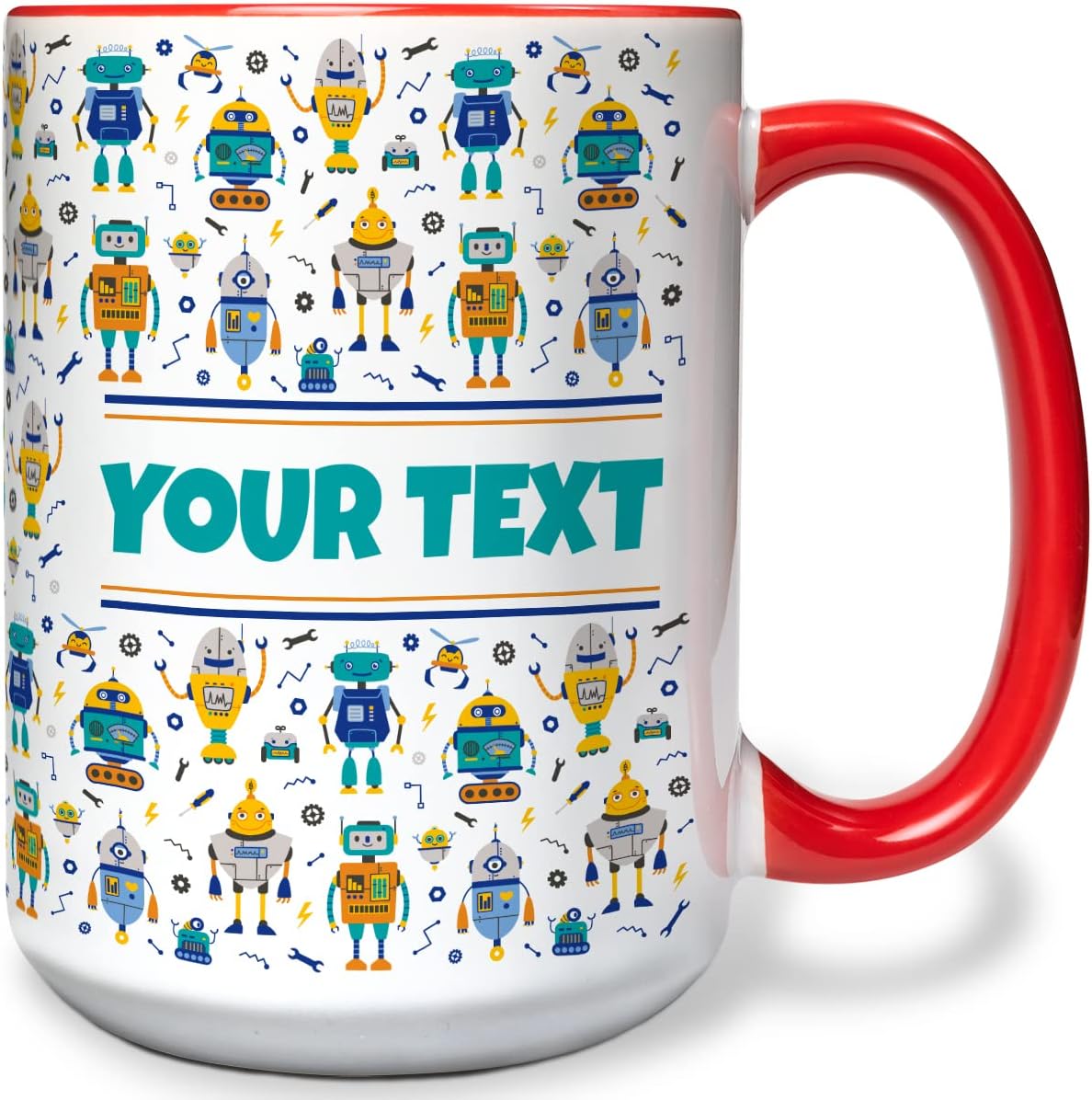 Personalized Mug for Kids - Robots - Custom Name/Text, Ceramic Hot Chocolate/Cocoa/Coffee Cup for