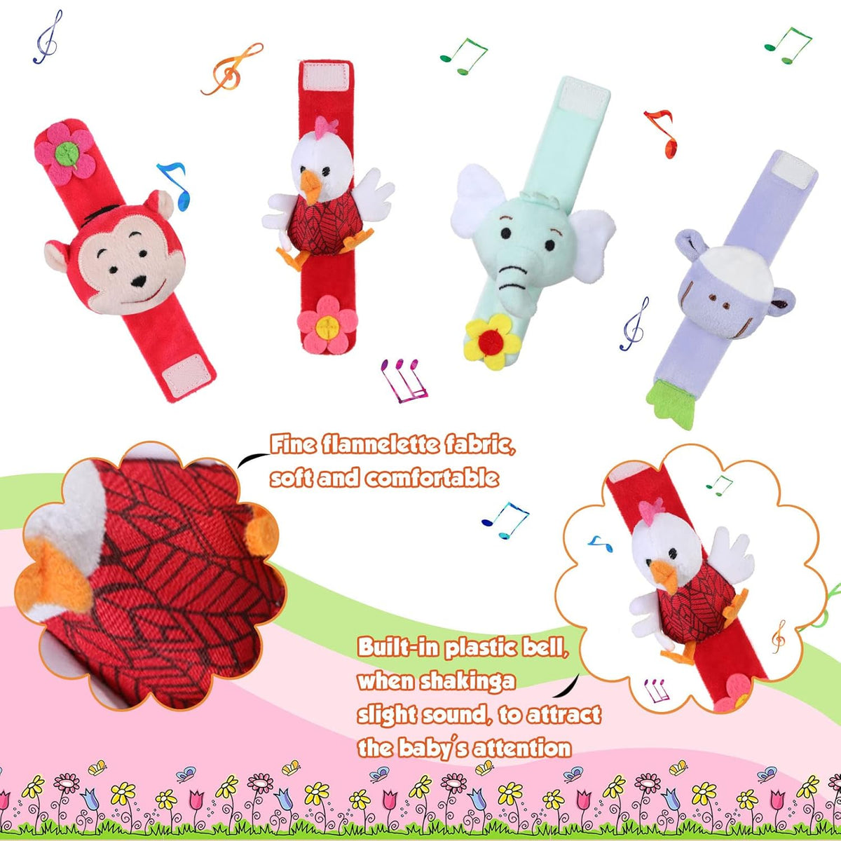 4 Pieces Baby Wrist Rattles Animal Pattern Newborn Foot Rattles Toy for 0-12 Months Babies Boy Girl
