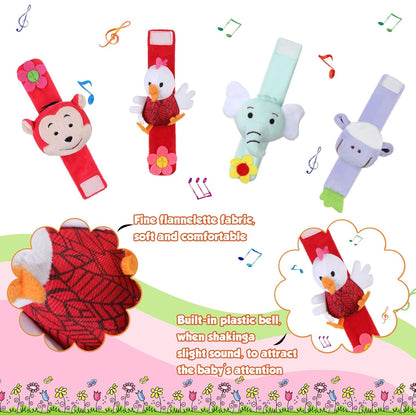 4 Pieces Baby Wrist Rattles Animal Pattern Newborn Foot Rattles Toy for 0-12 Months Babies Boy Girl