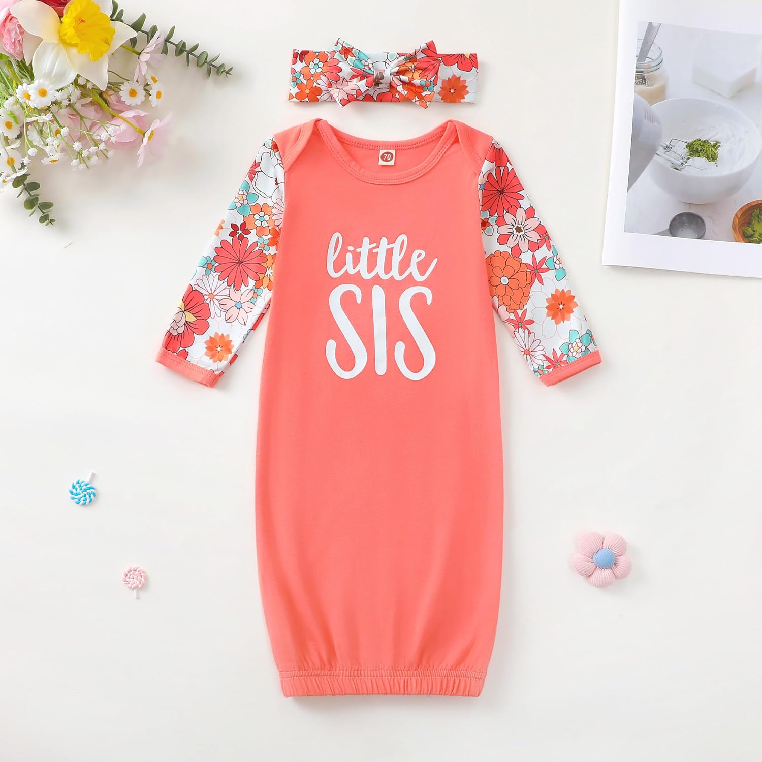AMAWMW Newborn Baby Girl Little Sister Sleeper Gown Stripe Long Sleeve Nightgown Pajamas Gifts