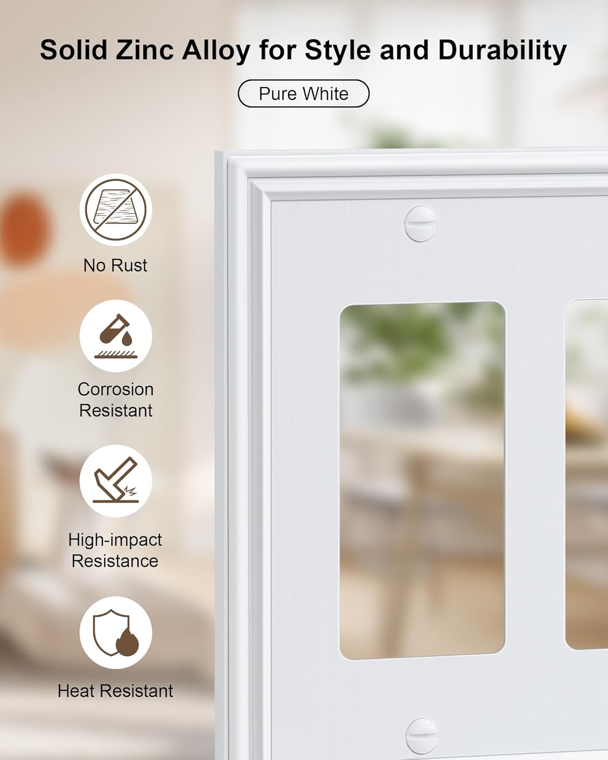2-Pack Decorative Tripple Decorator Outlet Cover Plate, Durable Zinc Alloy Pure White Wall Plates