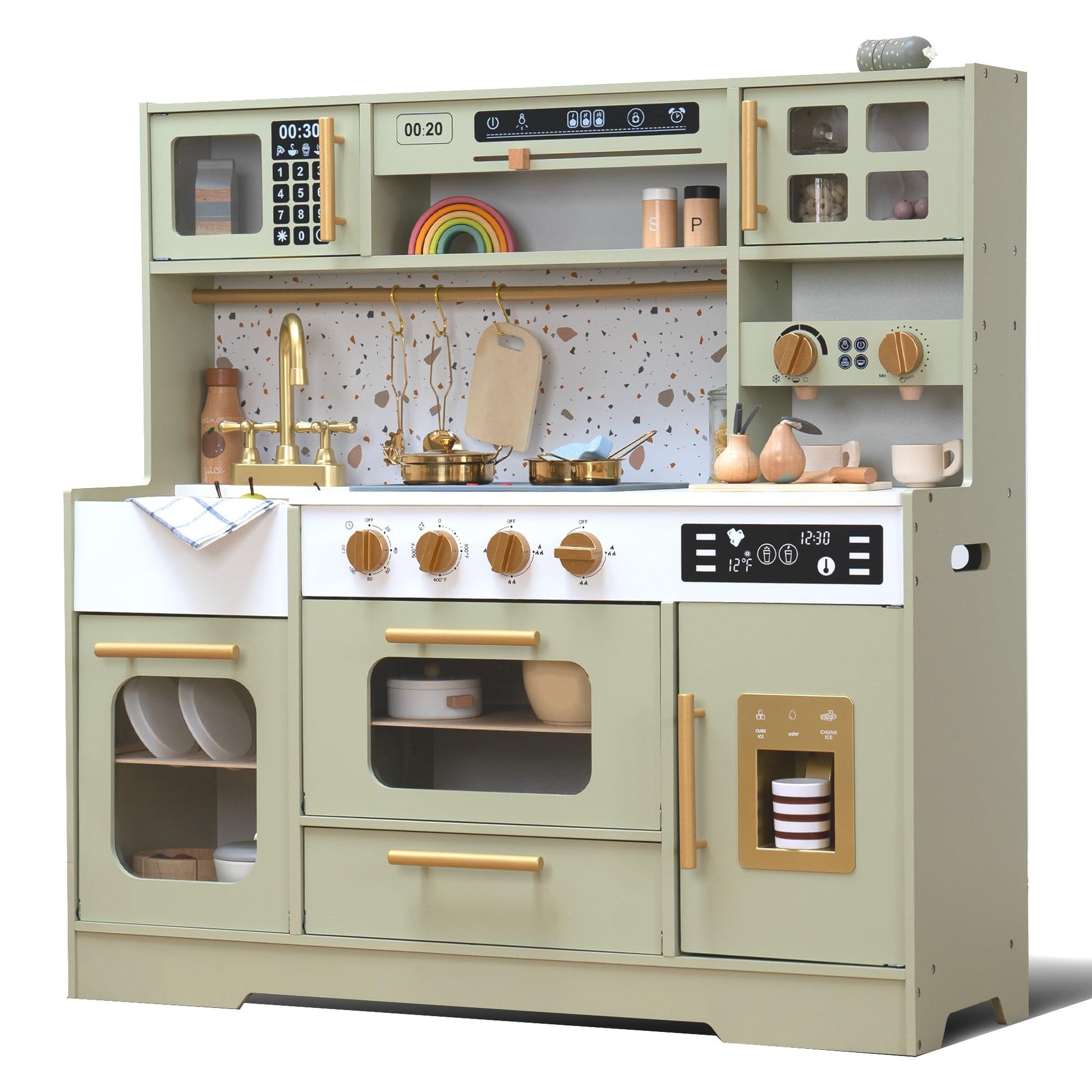Wooden Play Kitchen with 15 Fun Accessories and Realistic Appliances Green
