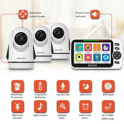 Video Baby Monitor with 3 Cameras, 5" Display Baby Monitor No WiFi, 30H Battery and 1000ft Range