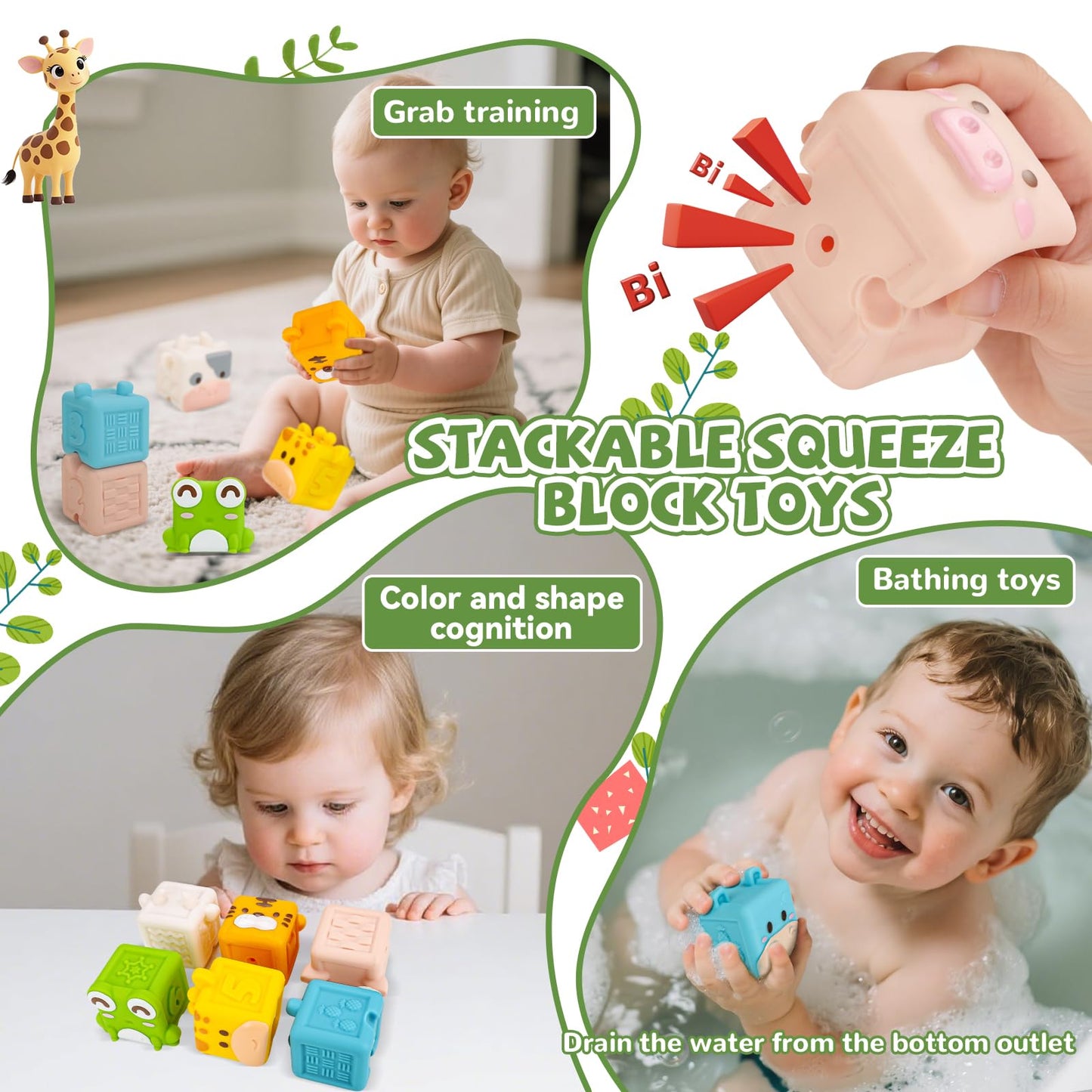 BOBOBELL Animal Soft Baby Blocks,Squeeze Blocks for 6-12 Months Babies