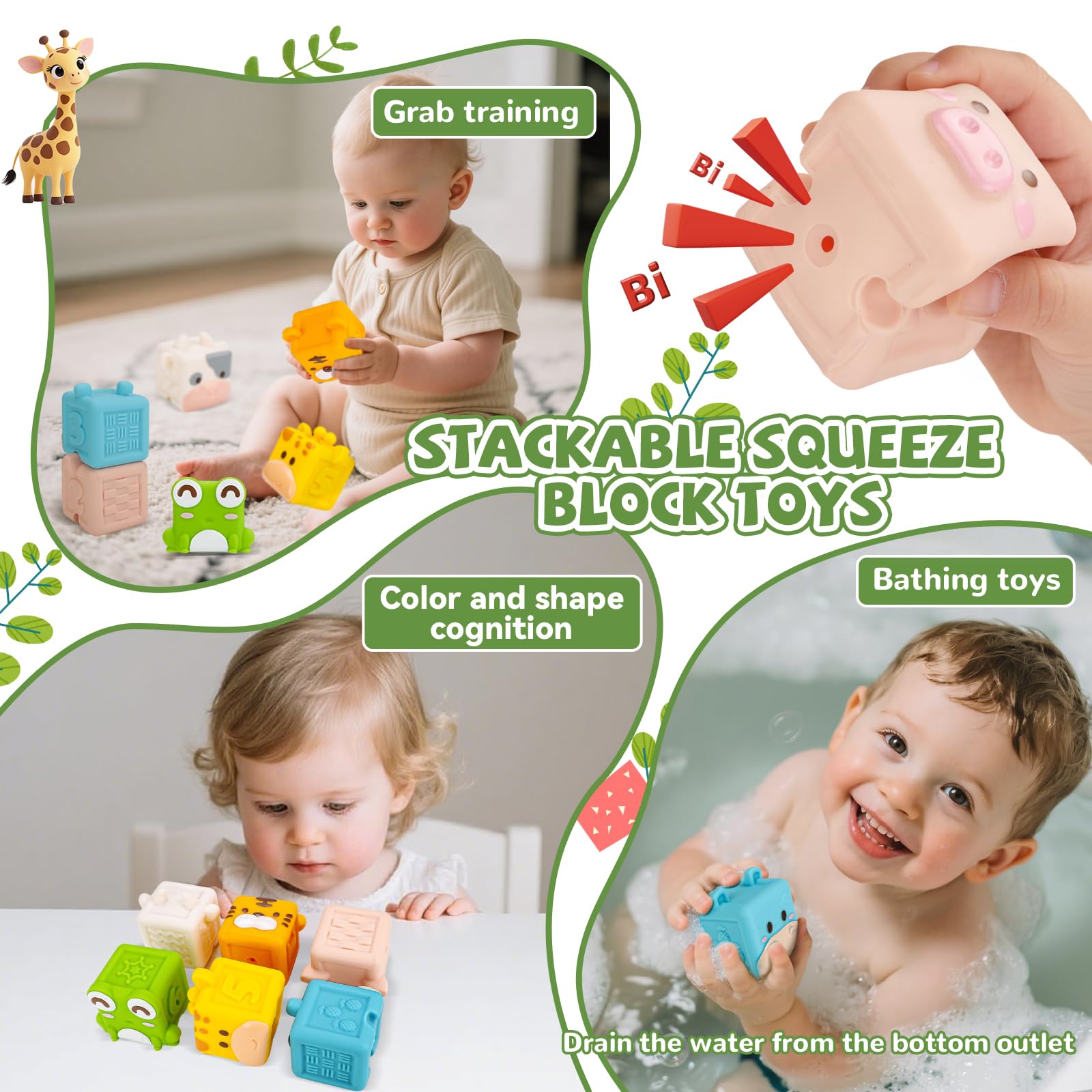 BOBOBELL Animal Soft Baby Blocks,Squeeze Blocks for 6-12 Months Babies