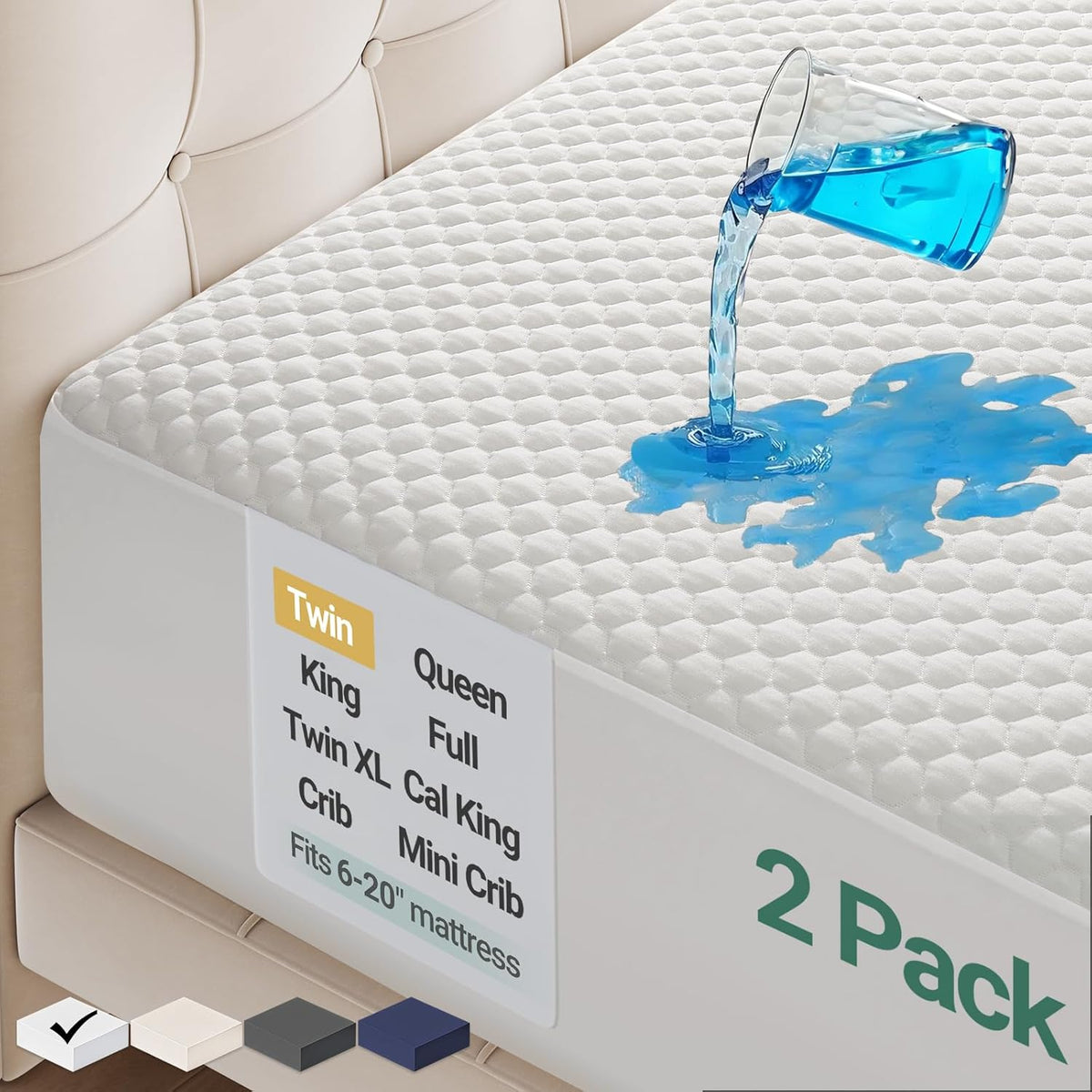 OhGeni 100% Waterproof Mattress Protector, Twin-2 Pack, Fitted Sheet with Stretchable Pockets, Deep