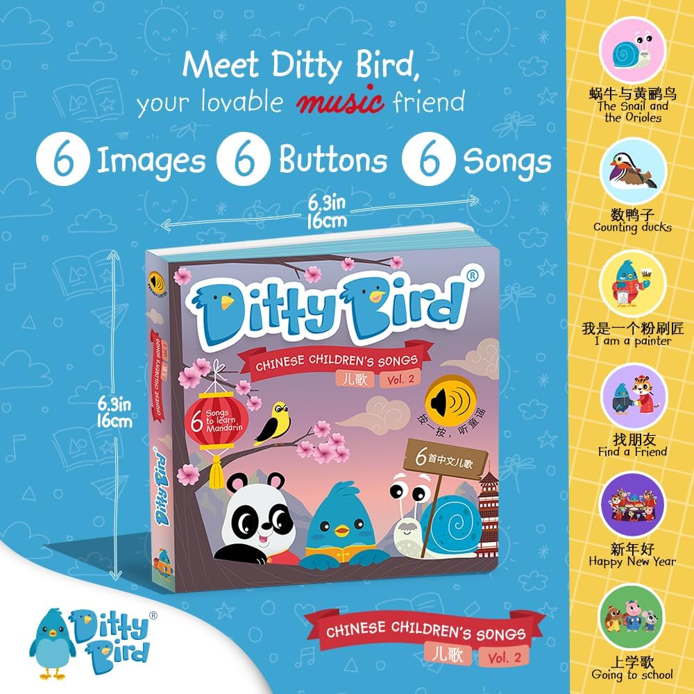 Ditty Bird Chinese Nursery Rhymes Book Children Songs Edition | Bilingual Musical Book for