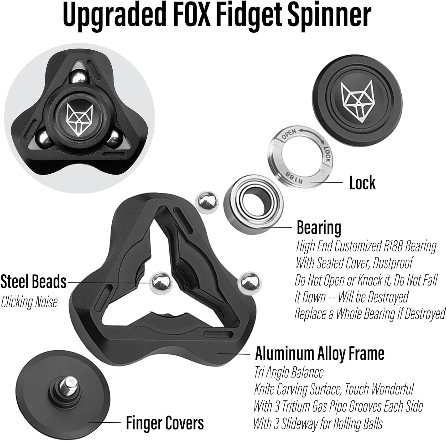 Freelove Upgraded Fox Tri 1.8'' Fidget Spinner with Steel Beads, Luminous Metal Spinners Toys for