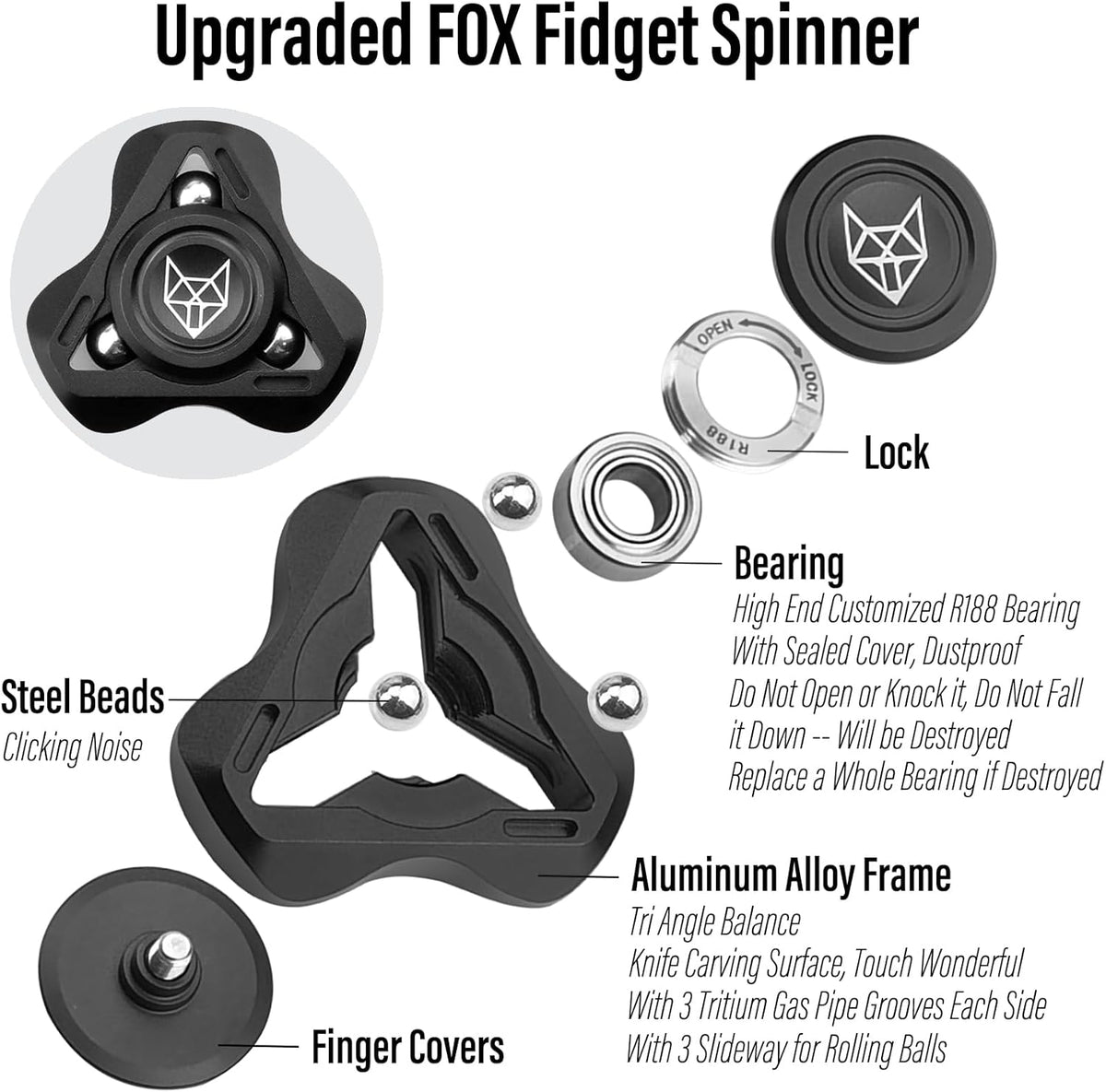 Freelove Upgraded Fox Tri 1.8'' Fidget Spinner with Steel Beads, Luminous Metal Spinners Toys for