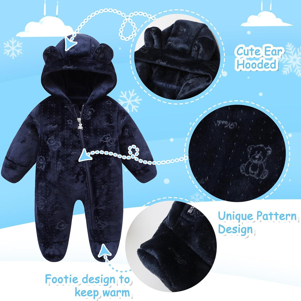 Fairy Baby Newborn Baby Bear Onesie Thin Fleece Footie Romper Snowsuit Hooded Jumpsuit Bodysuit