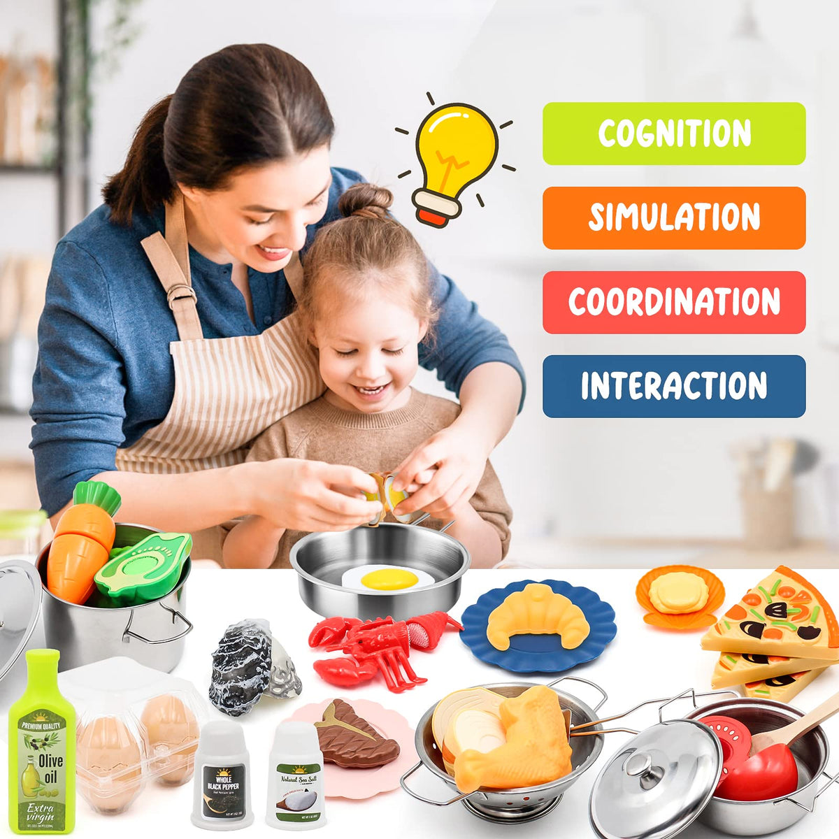 Kids Pretend Play Kitchen Accessories Set, 38pc Play Pots Pans Set for Kids