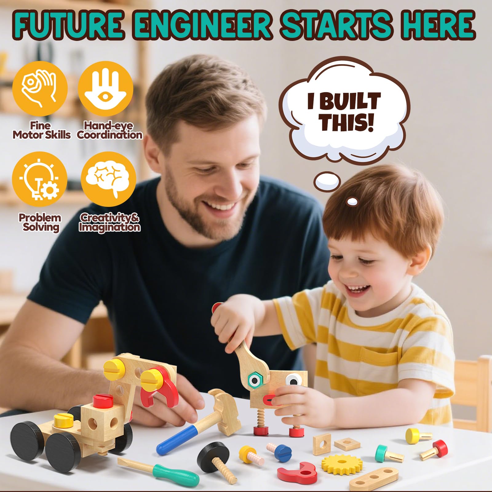 Lehoo Castle Kids Tool Set, Wooden Montessori Robot Tool Bench for Boys 3+