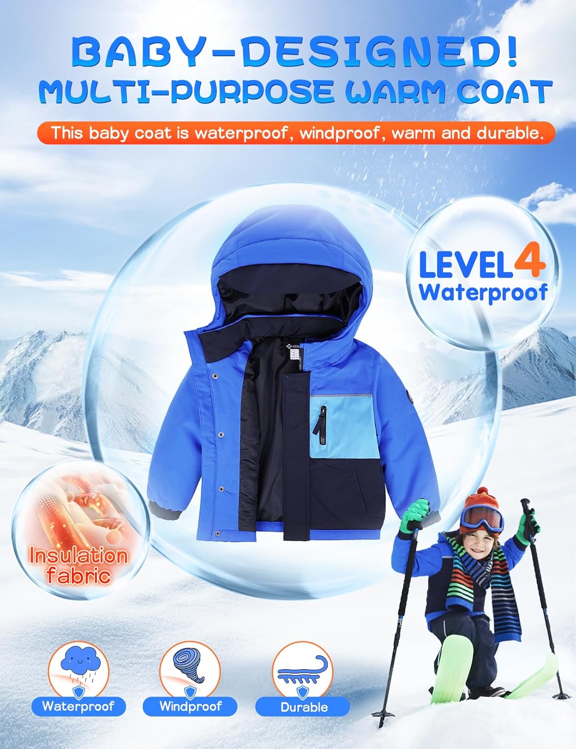 GEMYSE Toddler Boys Winter Coat Waterproof Ski Snow Jacket with Hood Thicken Warm Baby Jacket