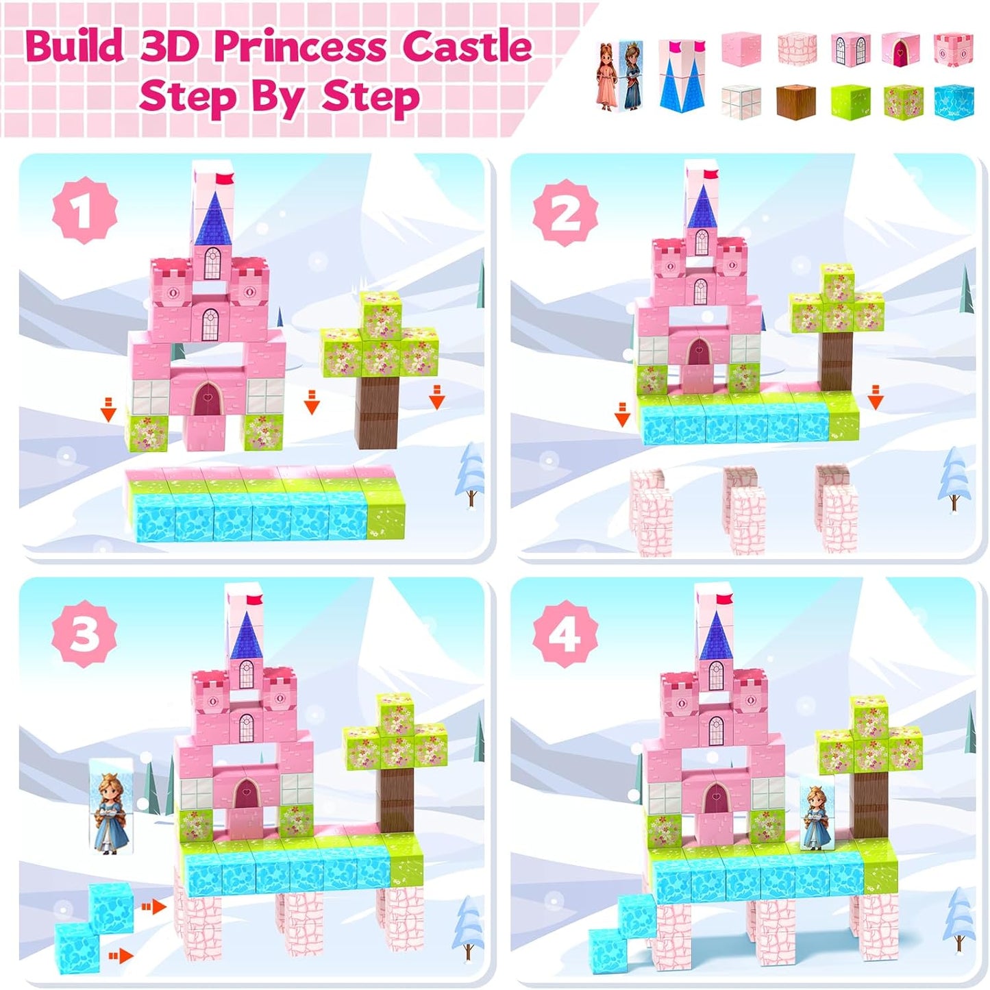 64 Pcs Magnetic Blocks-Princess Castle Collection World,Magnetic Building Blocks for 3+ Year Old
