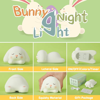 Tremdwoto Bunny Night Light for Kids - 16 Color Changing, Rechargeable Dimmable Nursery Lamp with
