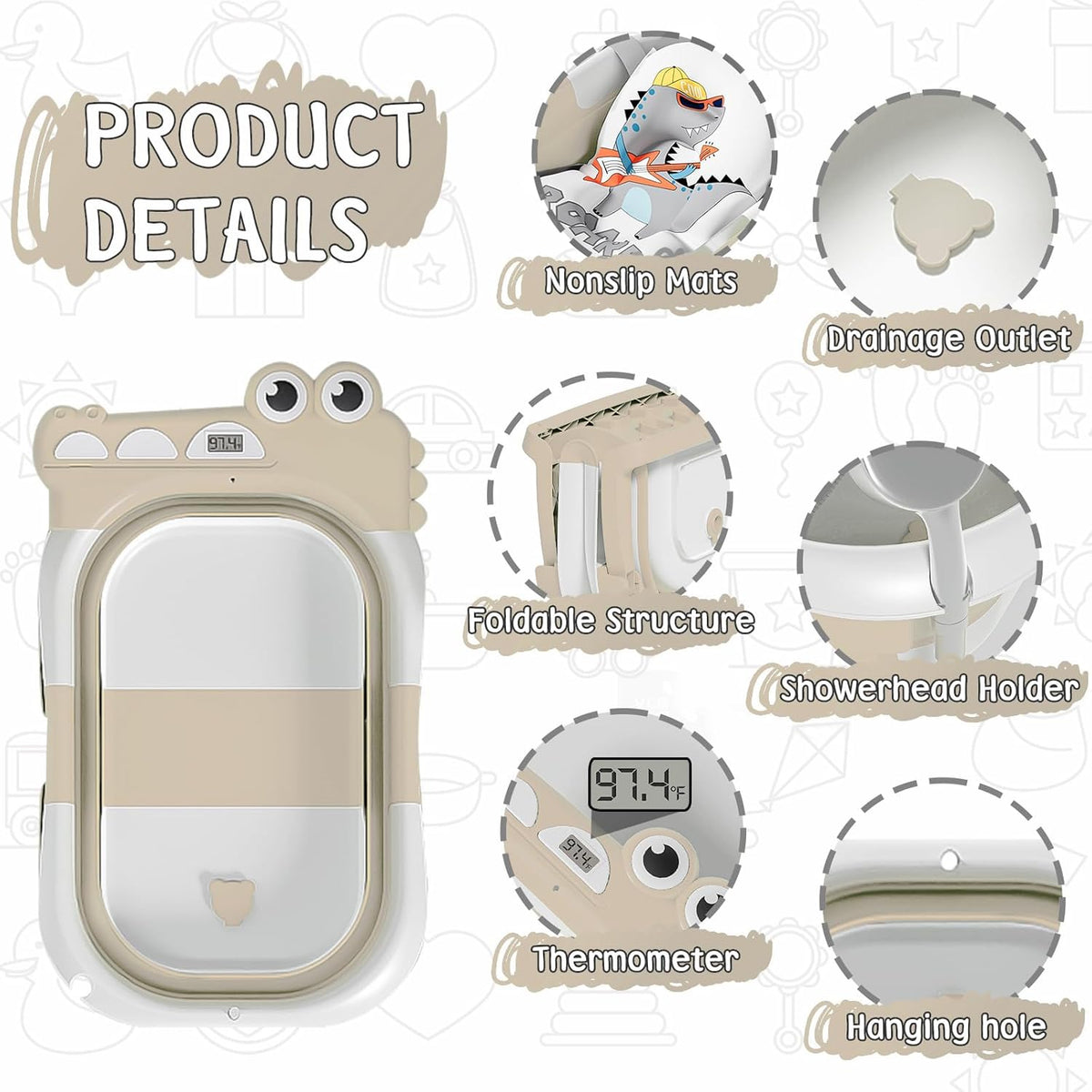 TPN Collapsible Baby Bathtub, Baby Bath Tub with Soft Cushion & Real-Time Thermometer, Baby Bathtub