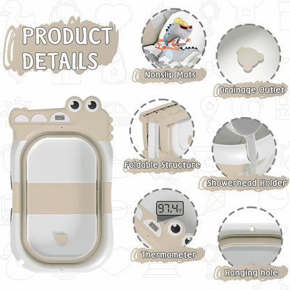 TPN Collapsible Baby Bathtub, Baby Bath Tub with Soft Cushion & Real-Time Thermometer, Baby Bathtub