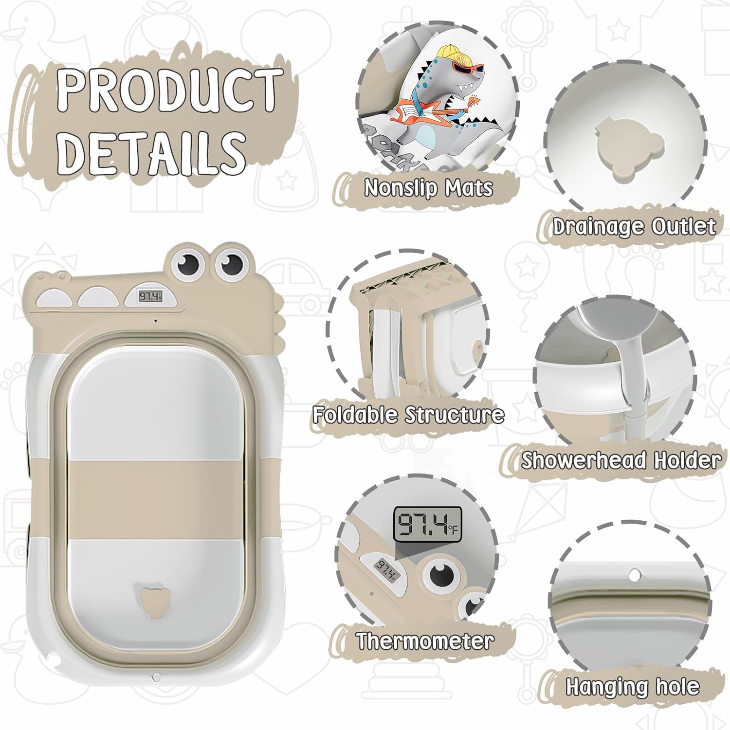 MoreFeel Collapsible Baby Bathtub for Newborn with Thermometer & 1 Hooded Towel & 1 Soft Floating