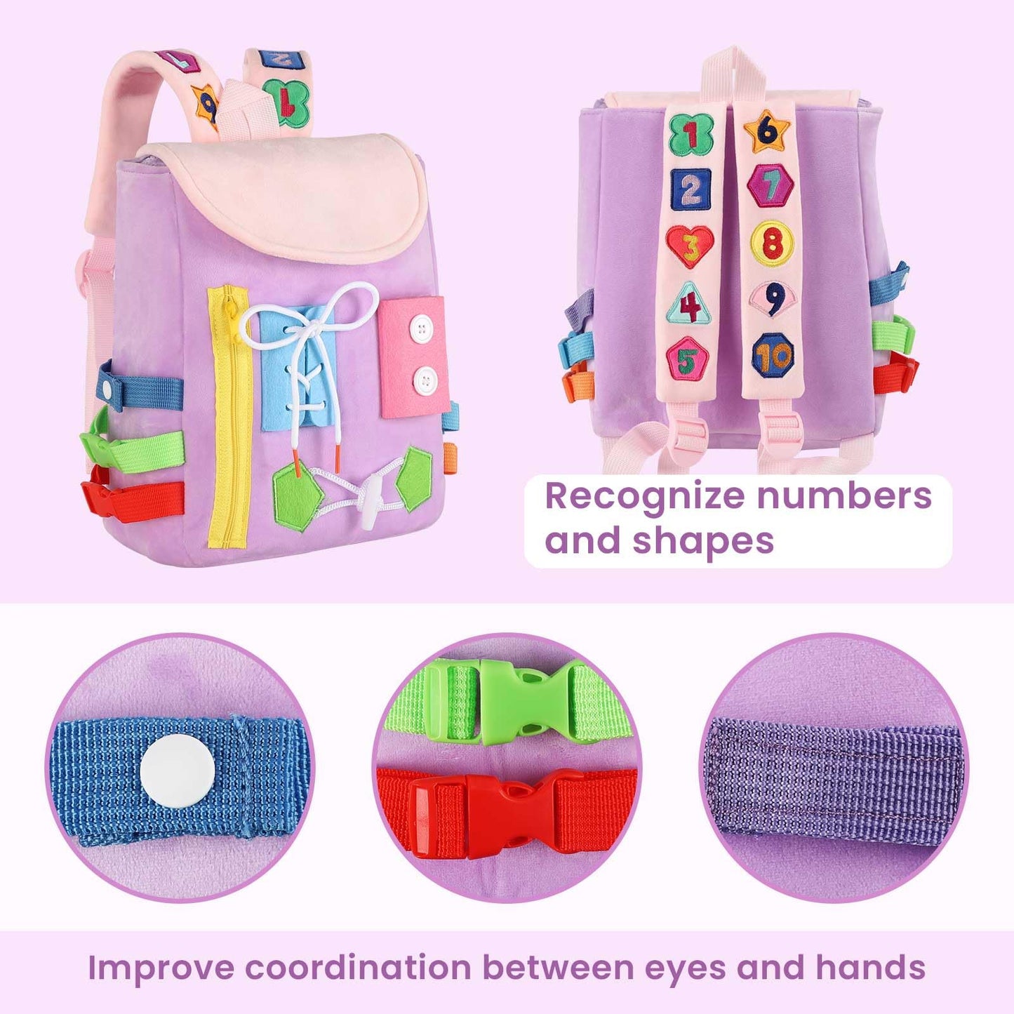 Busy Board - Toddler Backpack with Buckles and Learning Activity Toys - Develop Fine Motor Skills