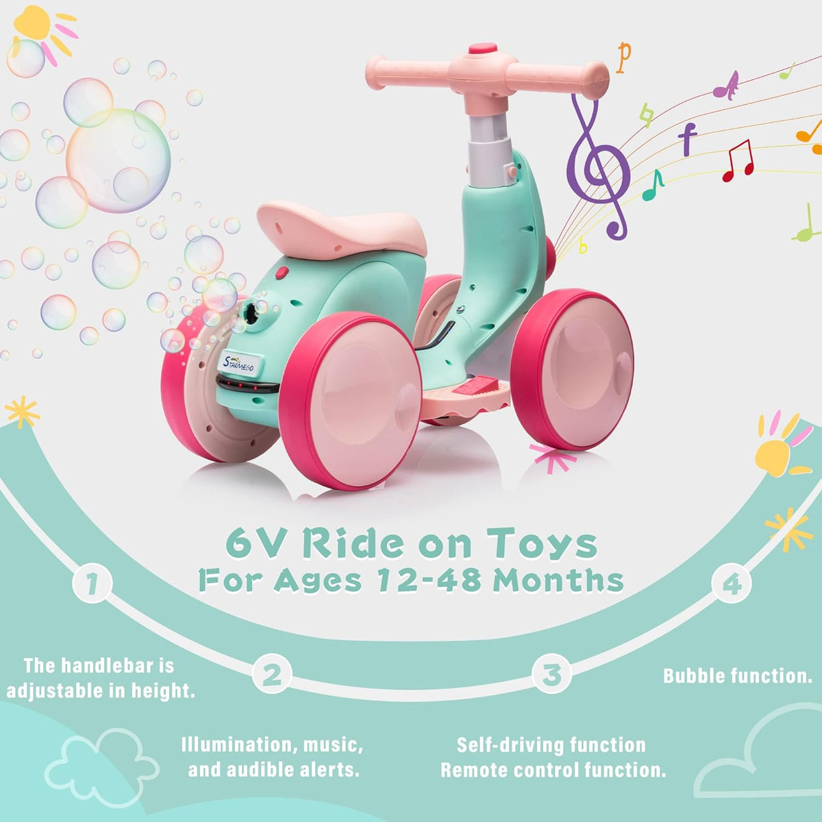 6V Electric Baby Balance Bike with Bubble Machine,4 in 1 Toddler Balance Bike w/Remote for 1 Year