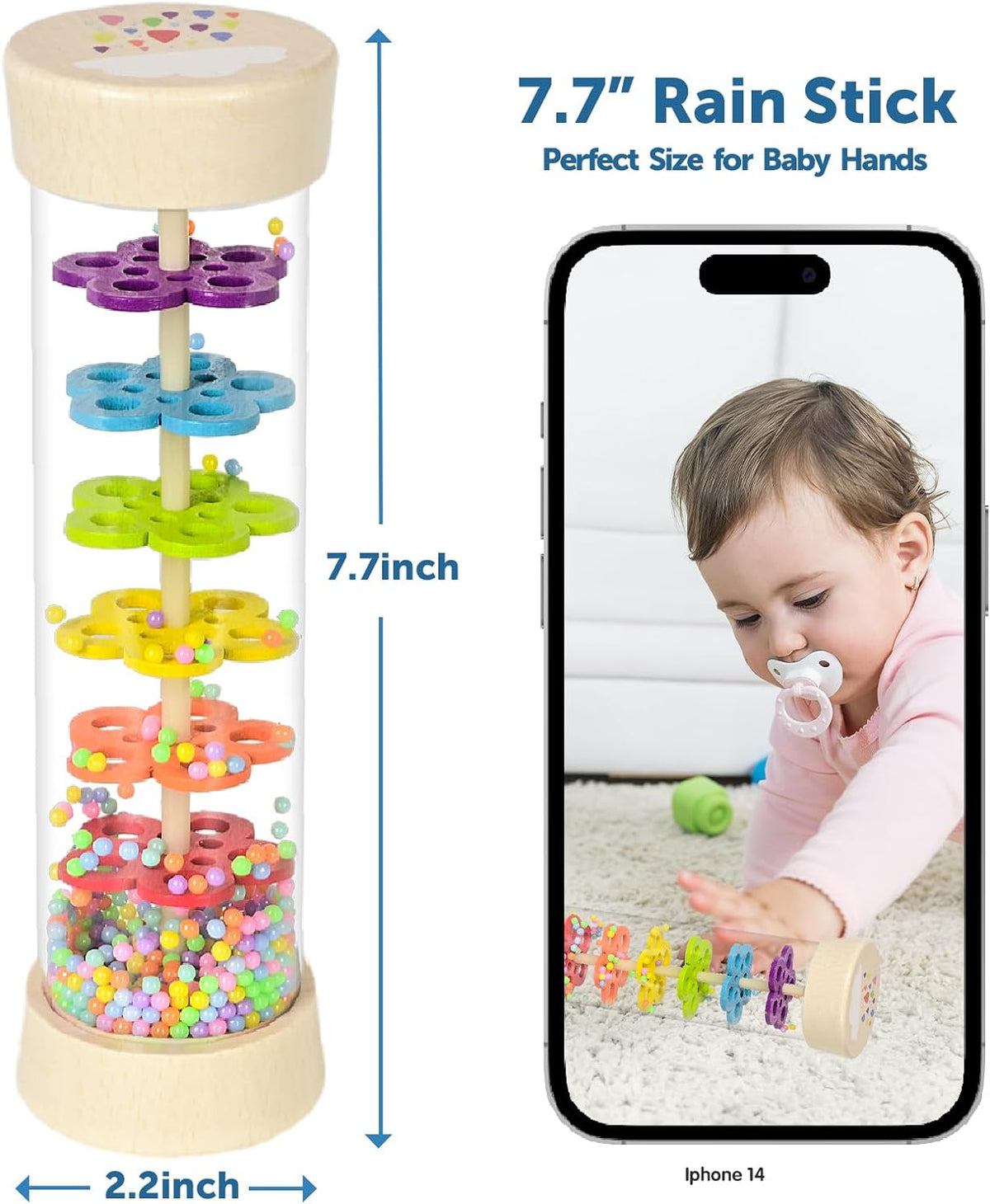 Rain Stick, Montessori Baby Toys for 6-12 Months 1 Year Old, Baby Rattle Wooden Sensory Toys, 7.7”