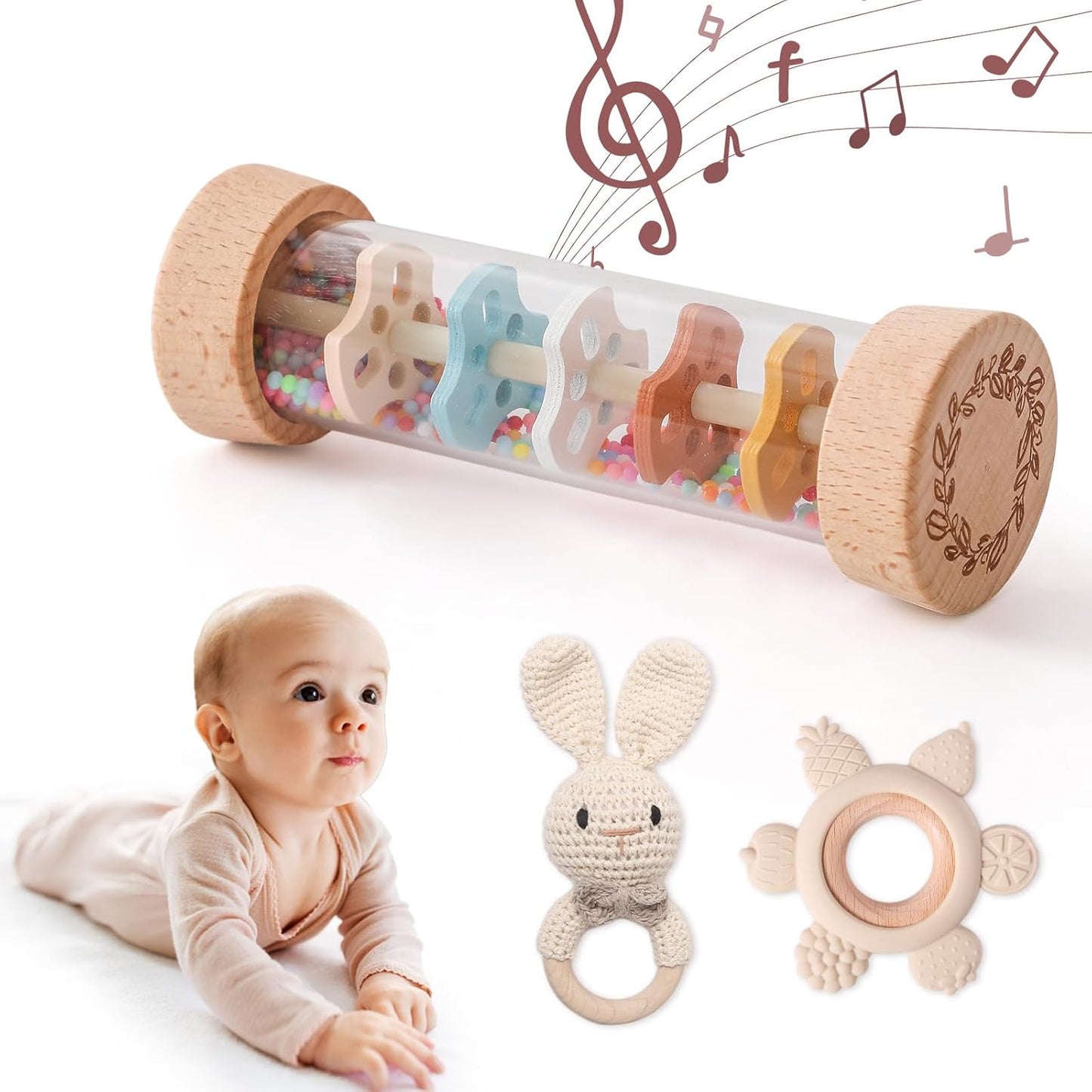 Youuys Wooden Baby Rattle Set (3pcs) - Crochet Rattle Rain Stick Teething Toys, Wooden Montessori