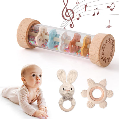 Youuys Wooden Baby Rattle Set (3pcs) - Crochet Rattle Rain Stick Teething Toys, Wooden Montessori