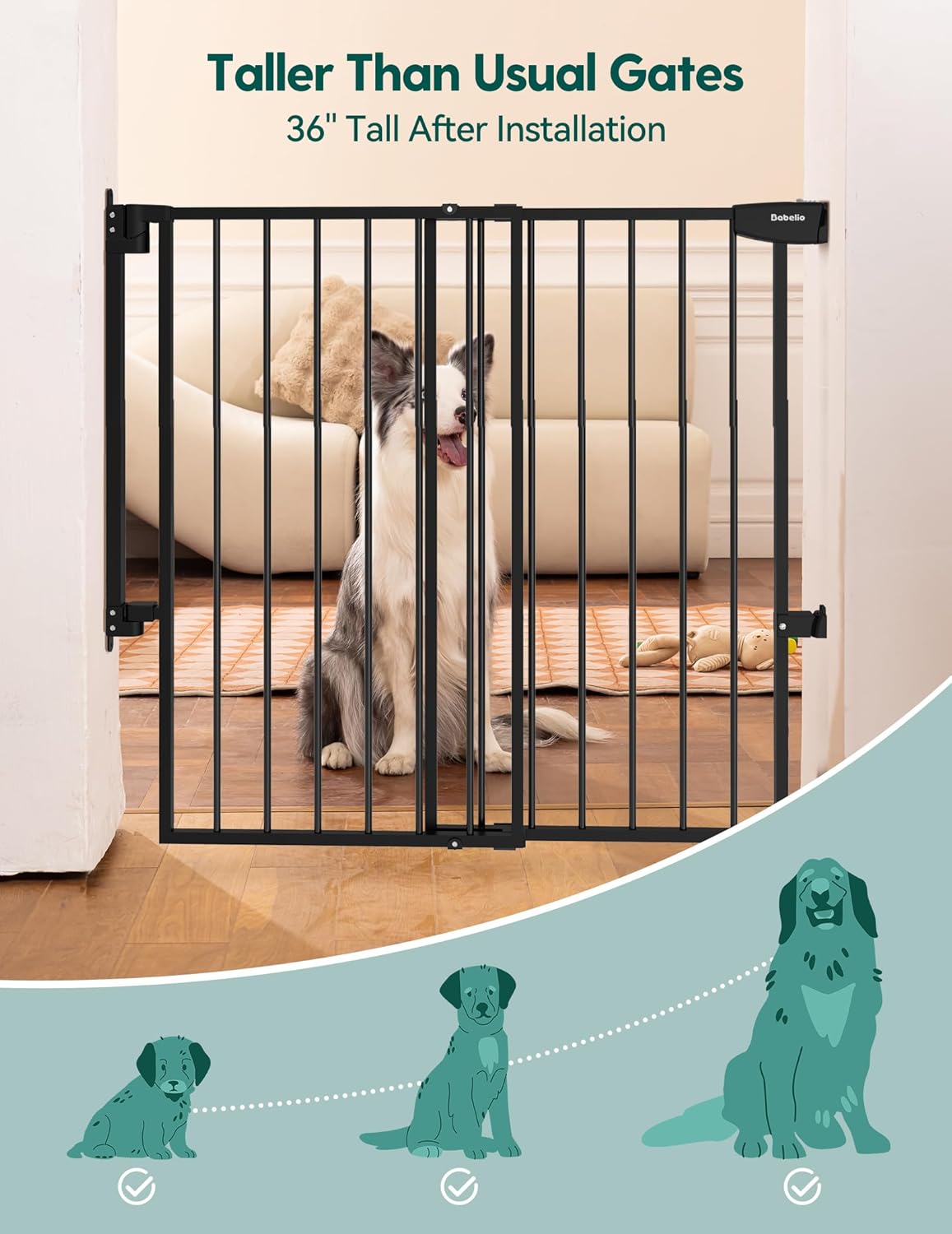 Babelio 34" Tall No Bottom Bar Baby/Dog Gate for Stairs, House and Doorways, 29.7-46.5" Auto Close