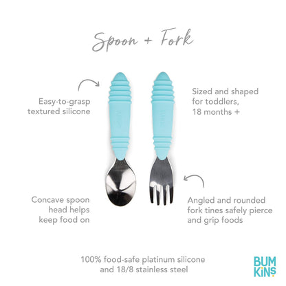 Bumkins Toddler Utensils, Kids Size Fork and Spoon Set, Silicone and Stainless-Steel Training