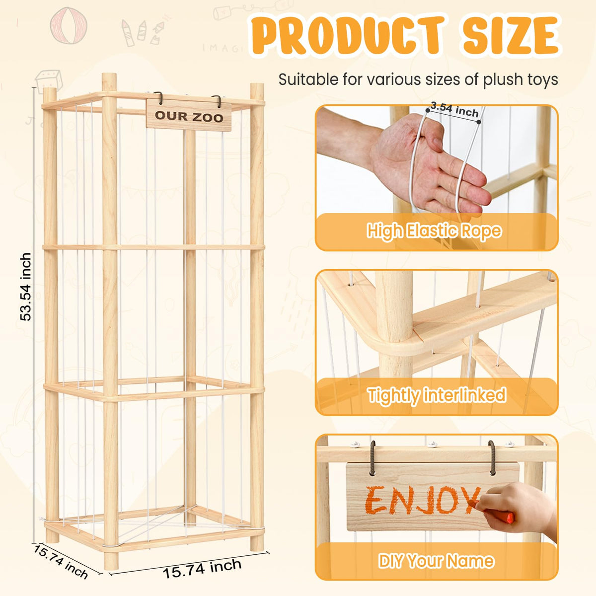 Woodure Stuffed Animal Storage & Organizer, Wooden Cute Zoo Toy Holder for Toddler Rooms, Playrooms