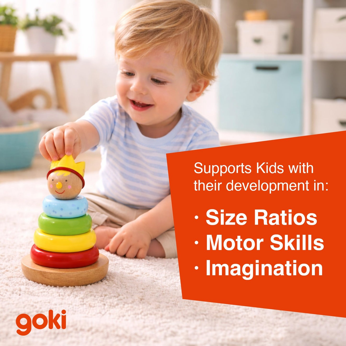 Goki Rainbow Stacking Toys for Toddlers 1–3 Little Prince | Classic 6-Piece Ring Stacker | Colorful