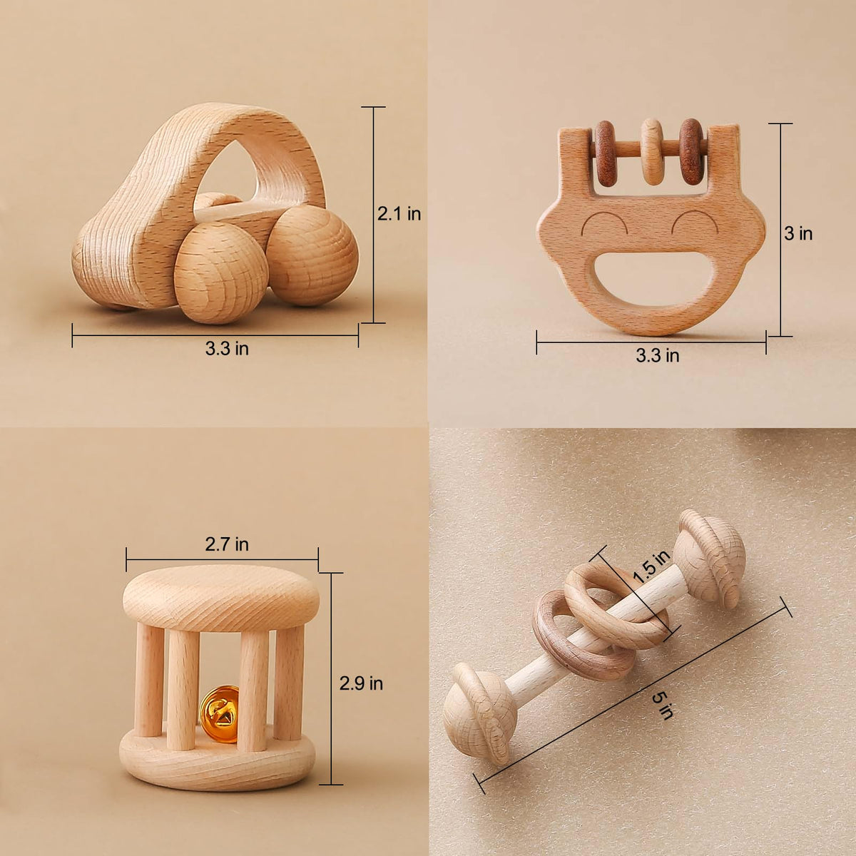 Chriswell Wooden Baby Rattle Set, Newborn Wooden Rattle Toy, Natural Wooden Montessori Baby Grip