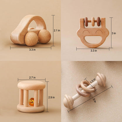 Chriswell Wooden Baby Rattle Set, Newborn Wooden Rattle Toy, Natural Wooden Montessori Baby Grip