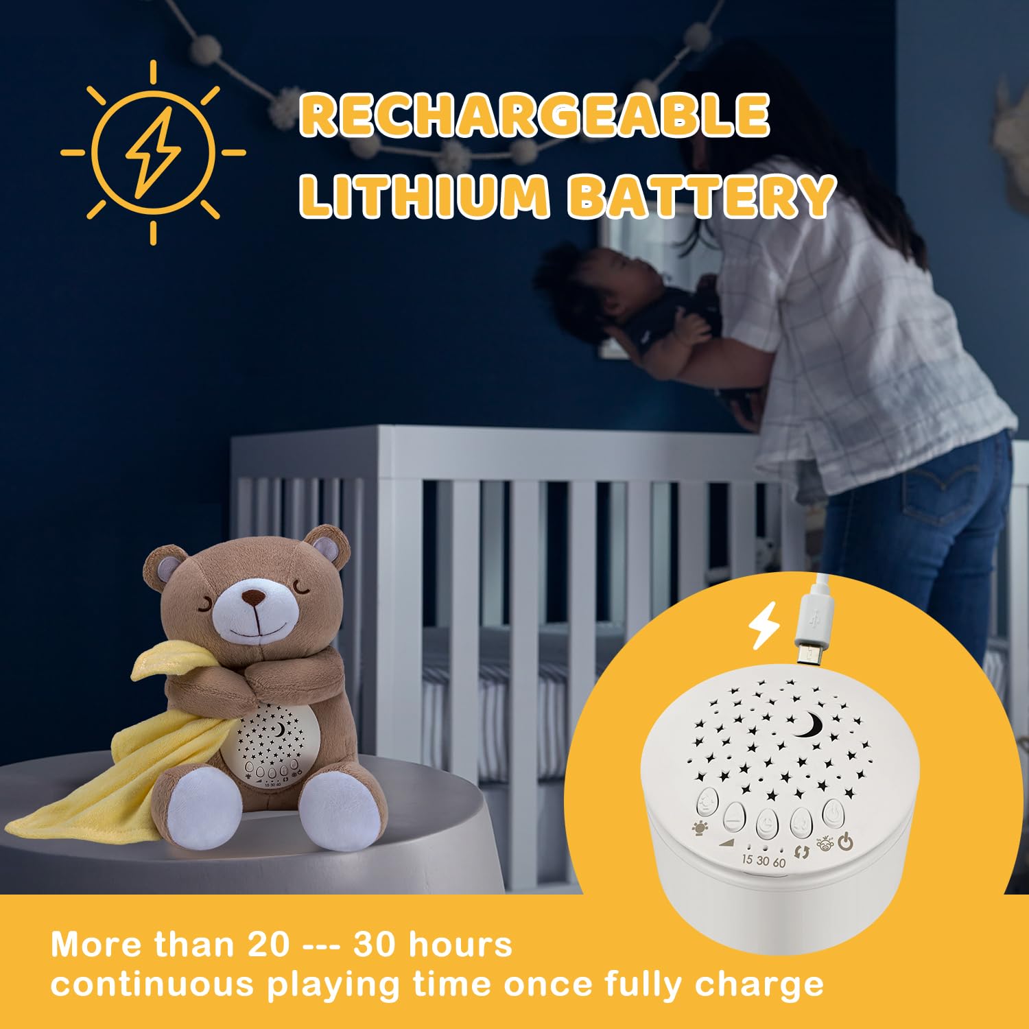 BEREST Rechargeable Baby Sleep Soother Bear, Nursery Decor Night Light Projector, Mom's Heartbeat