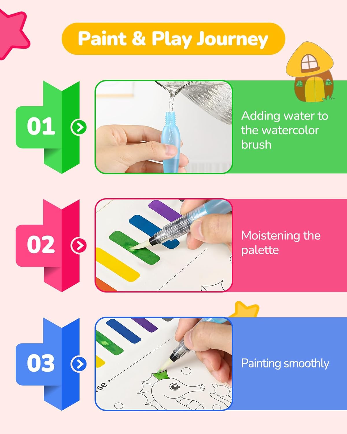 TECJOE 3 Pack Paint with Water Coloring Books for Toddlers, Watercolor Paint Set with 6 Brushes