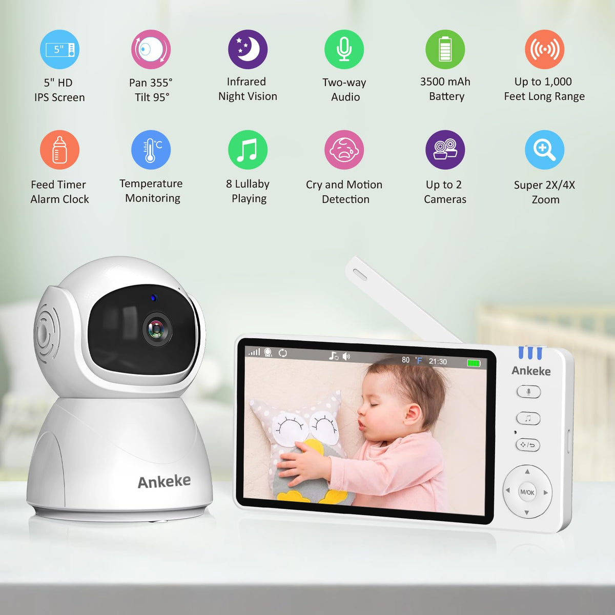 AnKeKe Baby Monitor with Camera and Audio, No WiFi Baby Monitor with 5" 720P HD Screen, 100-Hour