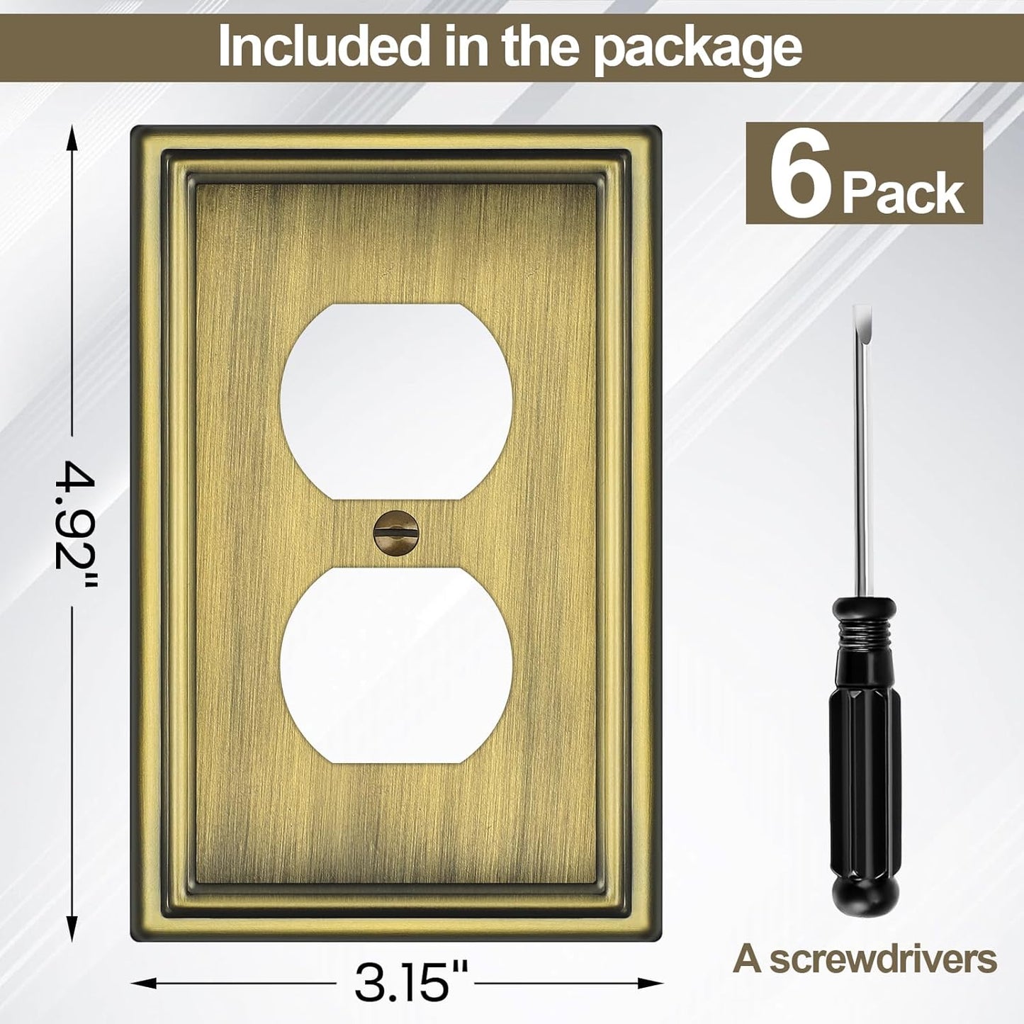 6 Pack Duplex Outlet Covers Wall Plates, Antique Brass Metal Electric Receptacle Cover, Classic