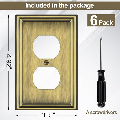 6 Pack Duplex Outlet Covers Wall Plates, Antique Brass Metal Electric Receptacle Cover, Classic